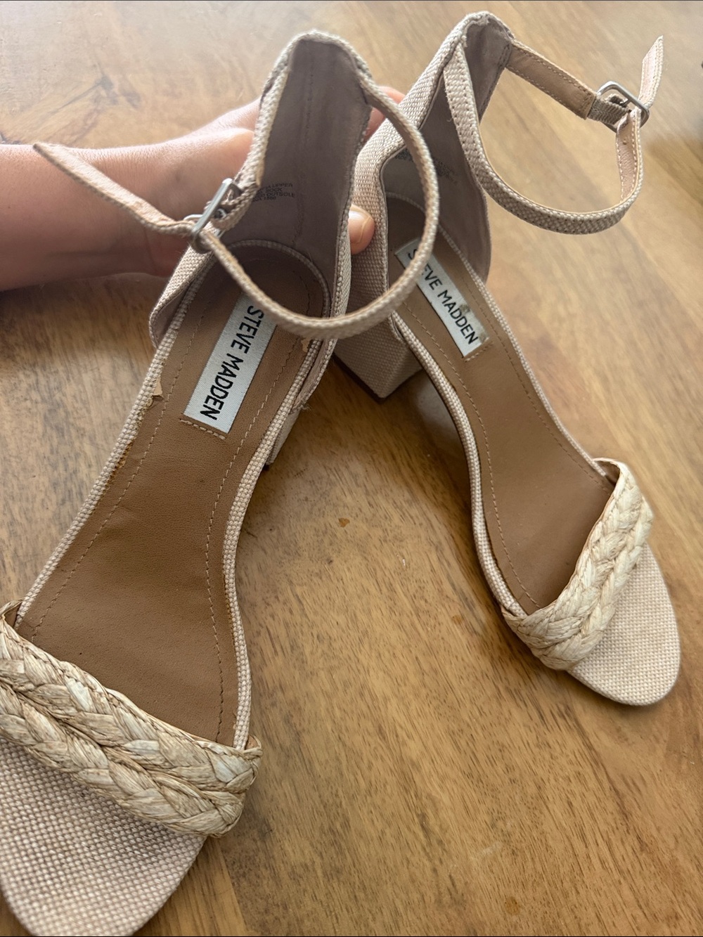 Steve Madden Beige Braided Ankle-Strap Block Heels